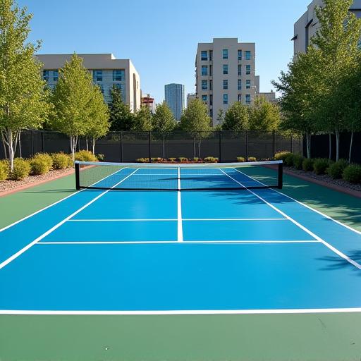 A pristine, newly constructed outdoor pickleball court with blue and green surfacing.
