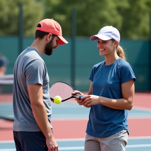 A coach giving a player one-on-one instruction on a pickleball court.