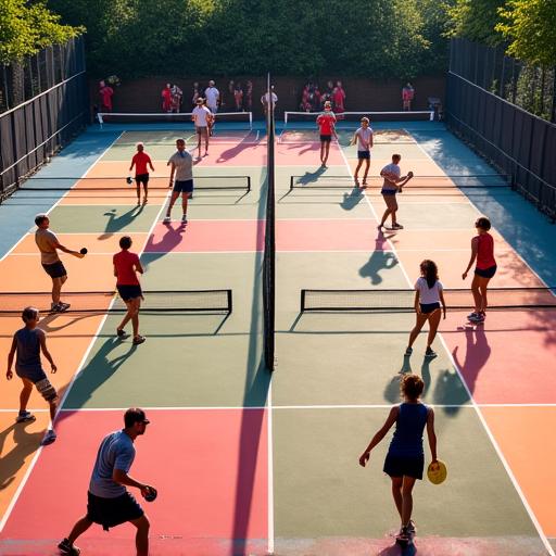 Multiple pickleball games happening during a busy tournament.